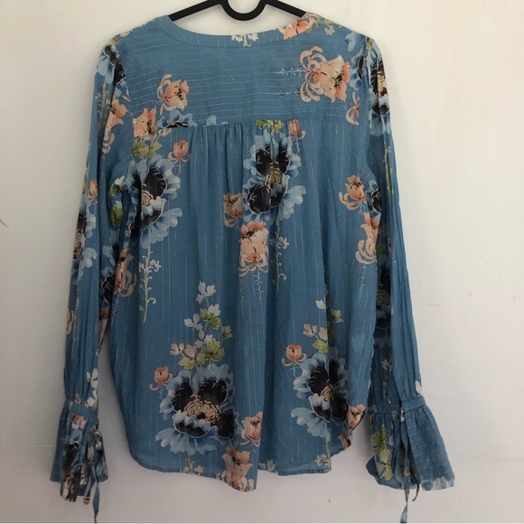 LOFT Women’s Blue Floral Cotton Blend Long Fluted Sleeve Blouse  Size S - Picture 2 of 10